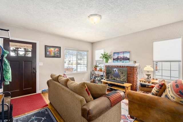 living room with hardwood / wood-style flooring and a textured ceiling