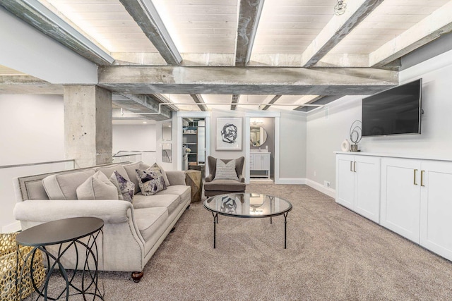 living room featuring wooden ceiling, beamed ceiling, and carpet flooring