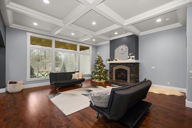 living room featuring coffered ceiling, wood-type flooring, a stone fireplace, and beam ceiling