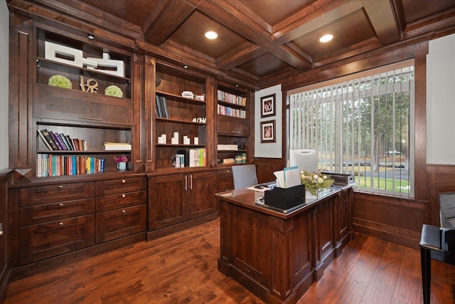 office space featuring dark wood-type flooring, coffered ceiling, and wood walls