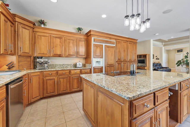 kitchen featuring a kitchen island, hanging light fixtures, stainless steel dishwasher, light tile patterned floors, and light stone counters