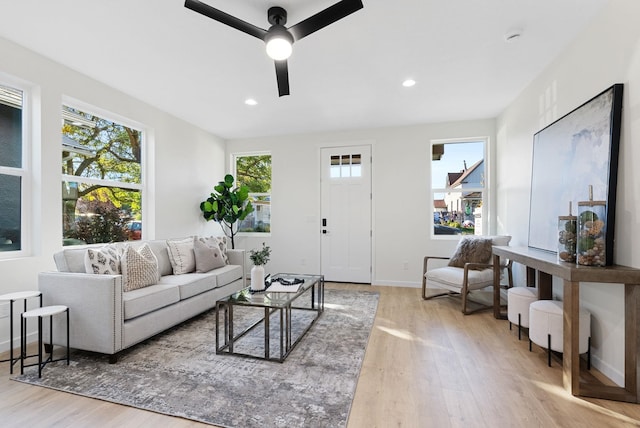 living room with ceiling fan, light wood-type flooring, and a wealth of natural light