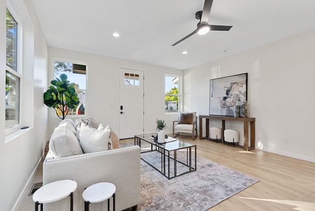 living room with ceiling fan and light hardwood / wood-style floors