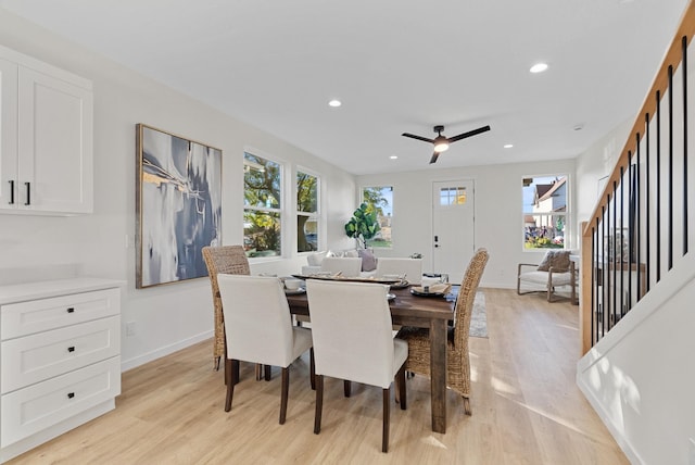 dining room with light hardwood / wood-style flooring and ceiling fan