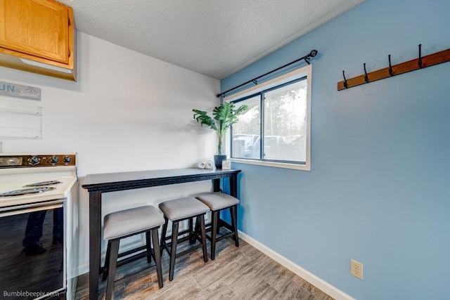 dining space with light hardwood / wood-style floors and a textured ceiling