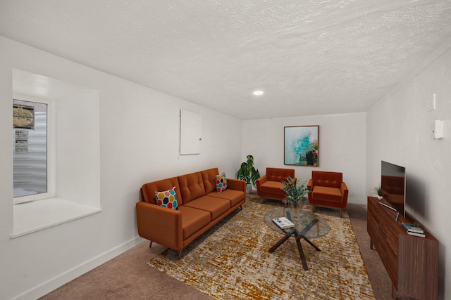 carpeted living room featuring a textured ceiling