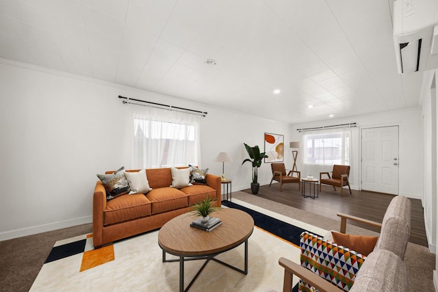 living room featuring crown molding