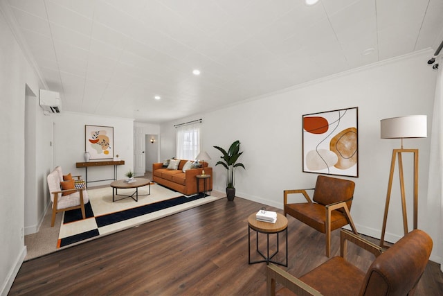 living room with crown molding, an AC wall unit, and dark hardwood / wood-style floors