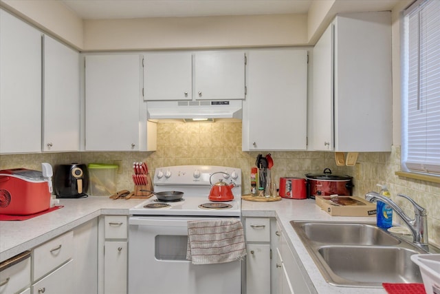 kitchen featuring white cabinetry, sink, white electric range, and decorative backsplash