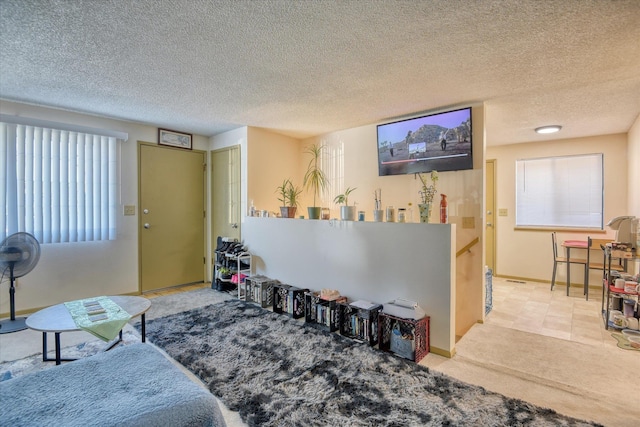 living room featuring light carpet and a textured ceiling