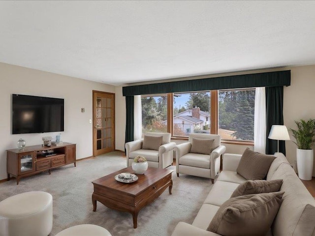 living room featuring light carpet