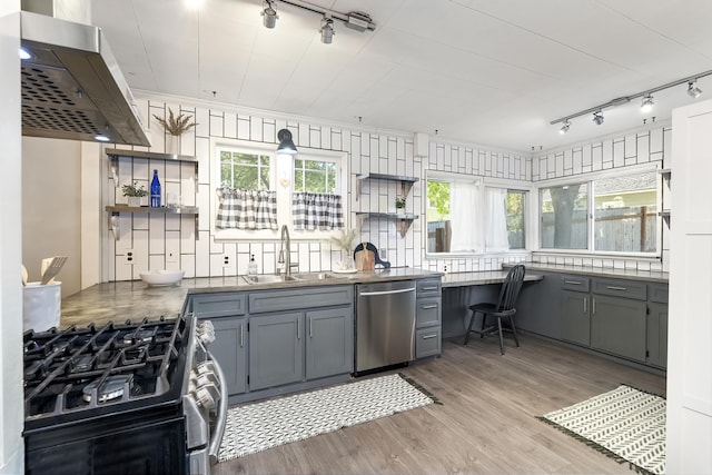 kitchen with sink, gray cabinets, range hood, and appliances with stainless steel finishes