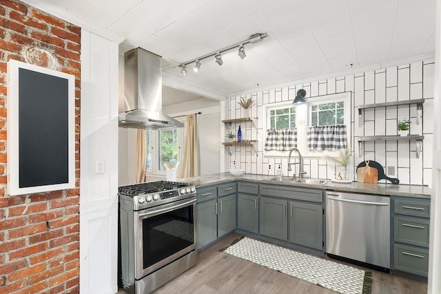 kitchen with appliances with stainless steel finishes, island range hood, a sink, and open shelves