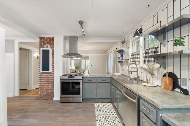 kitchen featuring crown molding, open shelves, gray cabinetry, appliances with stainless steel finishes, and island range hood
