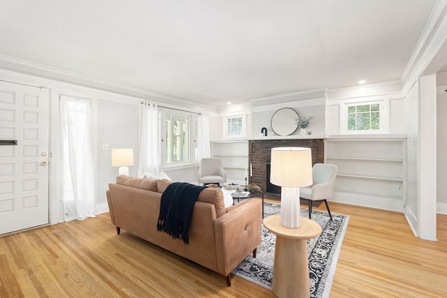 living room featuring crown molding, light wood-type flooring, and a fireplace