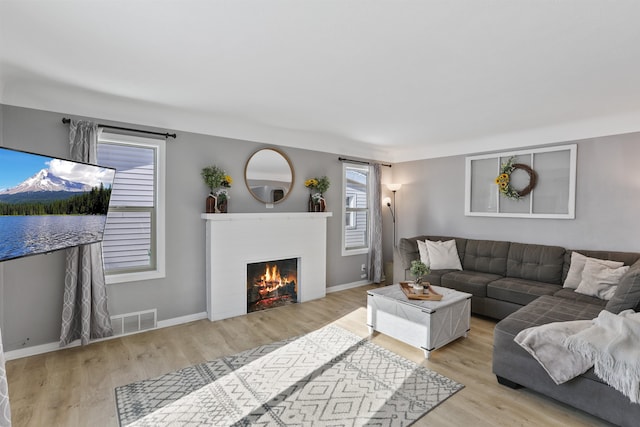 living room with light hardwood / wood-style flooring