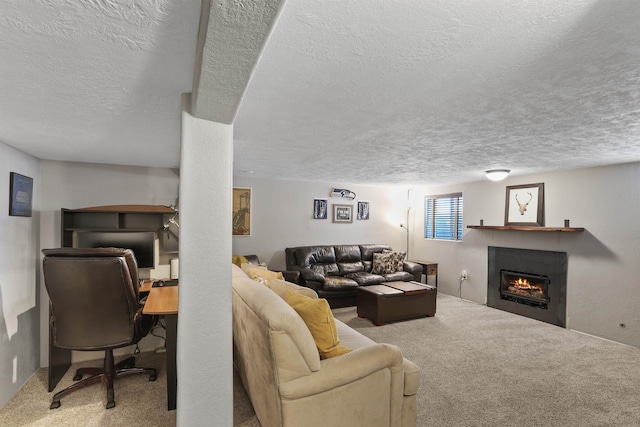 carpeted living room with a textured ceiling