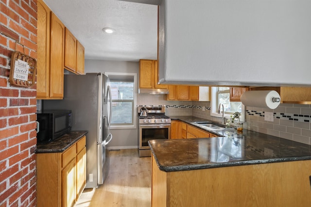 kitchen featuring sink, light hardwood / wood-style flooring, stainless steel range with gas stovetop, a healthy amount of sunlight, and kitchen peninsula