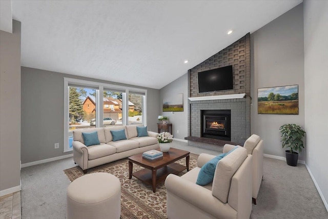 living area with baseboards, carpet, a fireplace, high vaulted ceiling, and recessed lighting