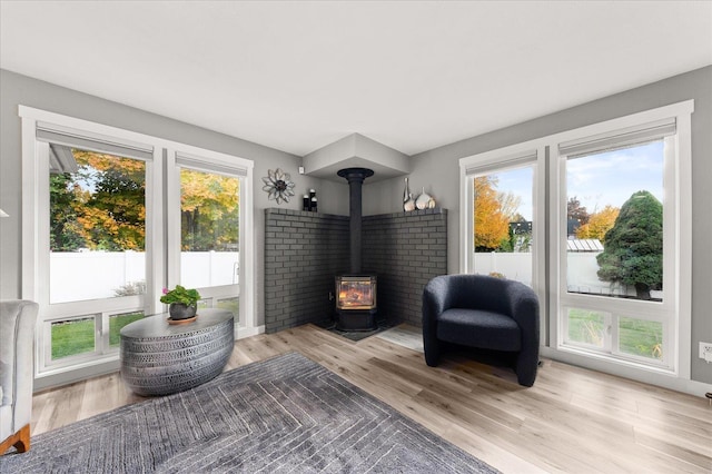 sitting room with a wealth of natural light, light hardwood / wood-style floors, and a wood stove