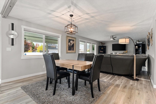 dining area with ceiling fan with notable chandelier, a textured ceiling, and light wood-type flooring