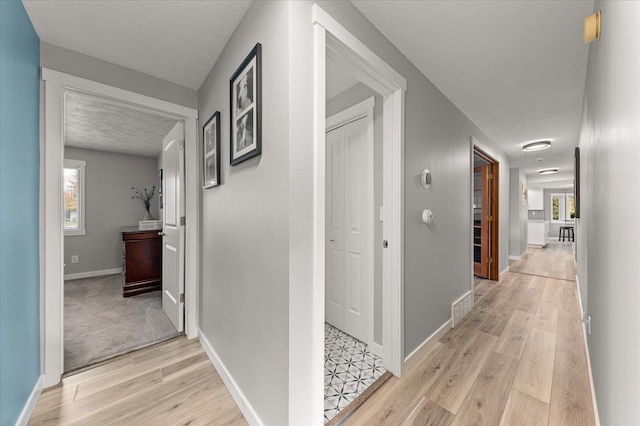 hall featuring a textured ceiling and light wood-type flooring