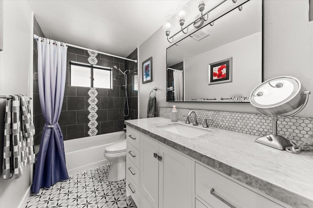 full bathroom with vanity, toilet, shower / bathtub combination with curtain, and decorative backsplash