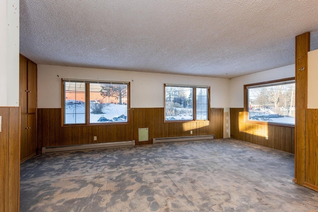 carpeted spare room with wooden walls, a wealth of natural light, and baseboard heating