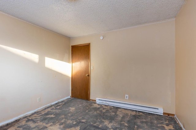 empty room featuring a baseboard radiator, a textured ceiling, and dark colored carpet