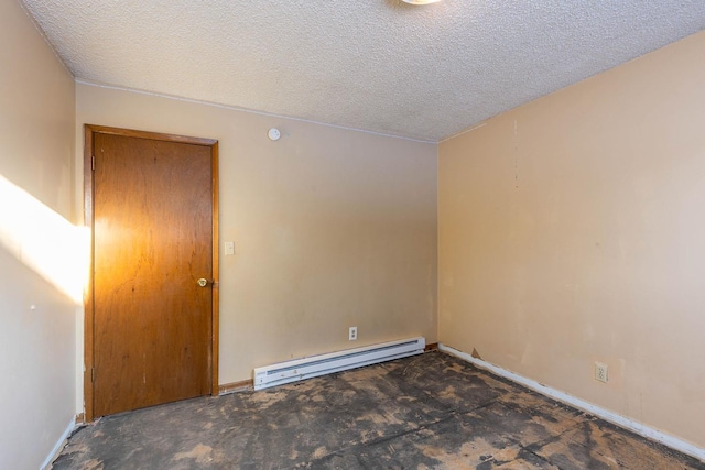 empty room with baseboard heating, dark carpet, and a textured ceiling