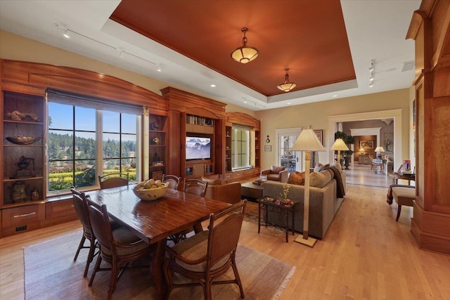 dining area featuring rail lighting, a raised ceiling, and light hardwood / wood-style floors