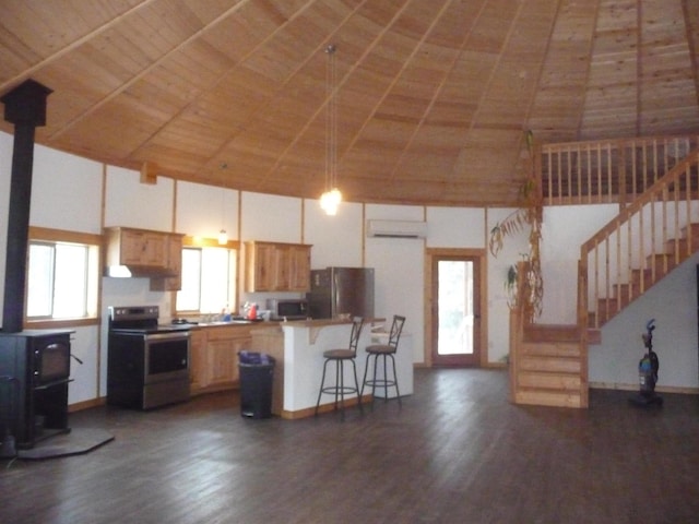 kitchen featuring a breakfast bar area, high vaulted ceiling, stainless steel appliances, a wealth of natural light, and a wood stove