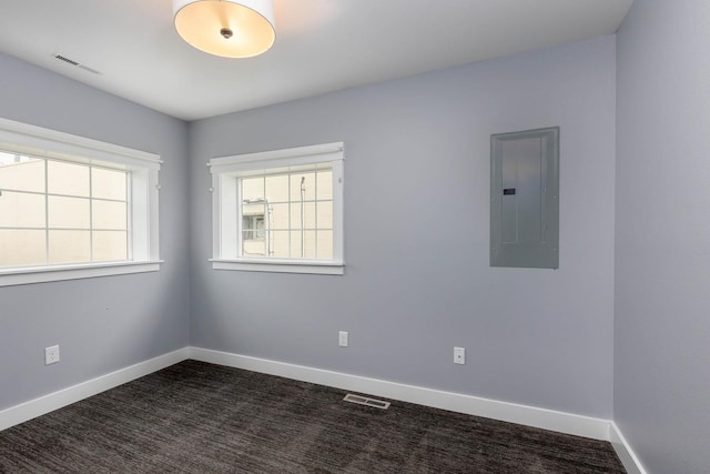 carpeted empty room featuring electric panel