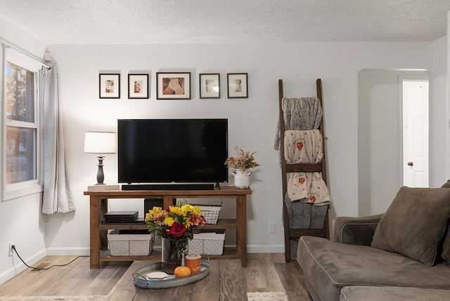 living room featuring a textured ceiling and light wood-type flooring