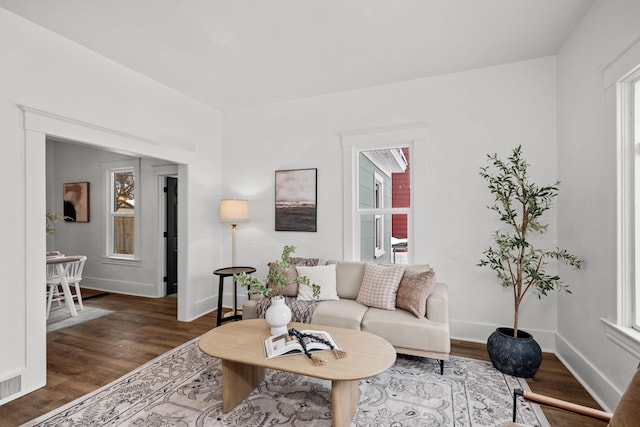 living room with dark hardwood / wood-style flooring