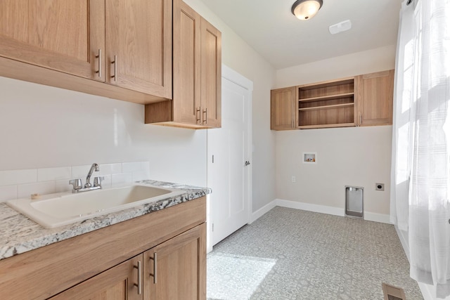 28411 N Milan Rd, Chattaroy, WA 99003 - clothes washing area featuring electric dryer hookup, sink, washer hookup, and cabinets