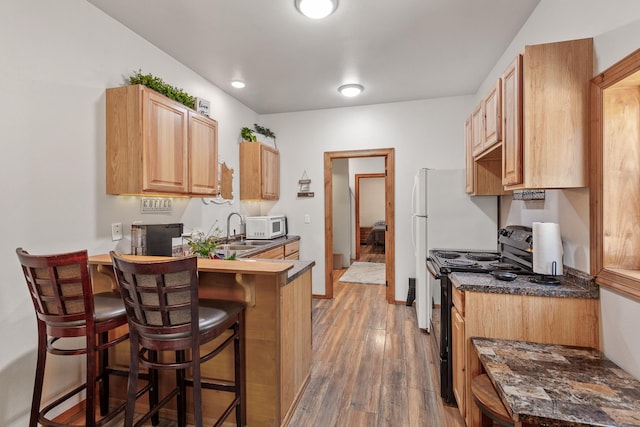28411 N Milan Rd, Chattaroy, WA 99003 - kitchen featuring light brown cabinetry, sink, a breakfast bar area, electric range, and dark wood-type flooring