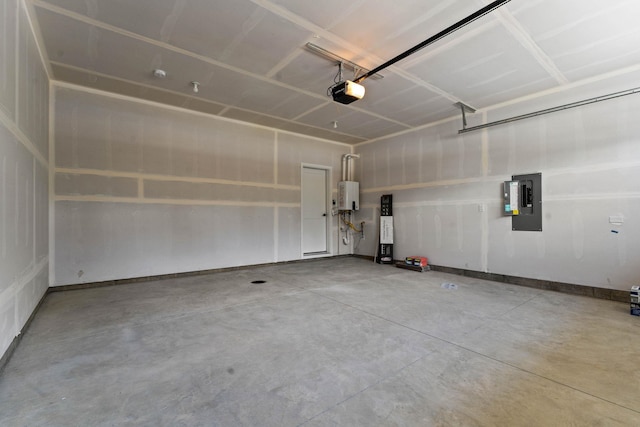 garage featuring a garage door opener, electric panel, and water heater