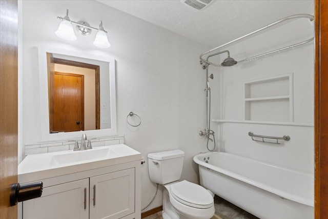bathroom with visible vents, toilet, vanity, a textured ceiling, and bathtub / shower combination