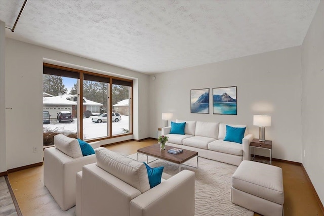 living room with light hardwood / wood-style floors and a textured ceiling