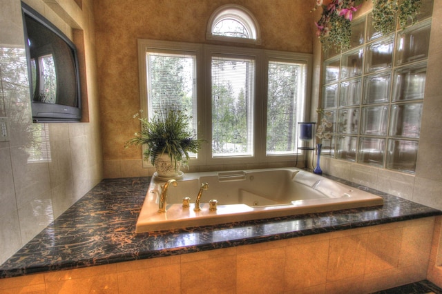 bathroom with tiled bath