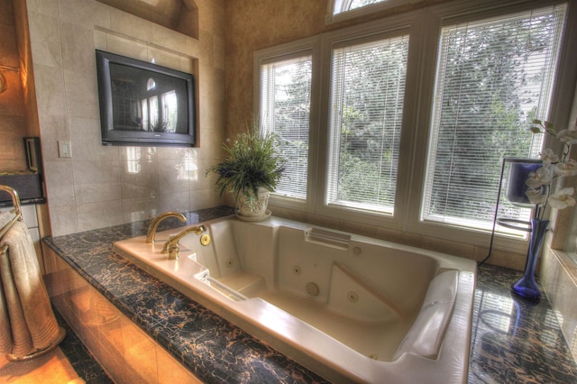 bathroom featuring a healthy amount of sunlight, tile walls, and tiled tub