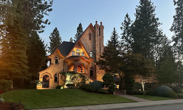 tudor home with a front lawn