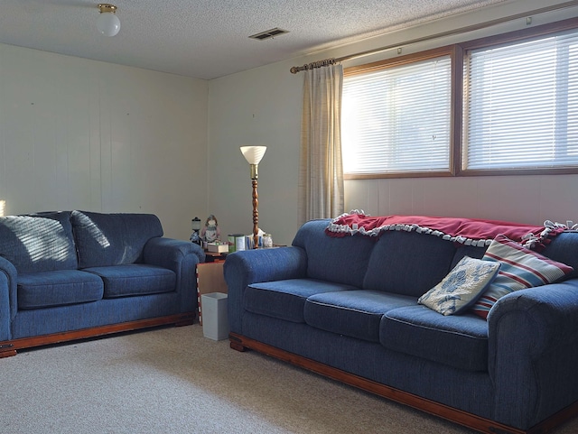 living room featuring carpet, a wealth of natural light, and a textured ceiling