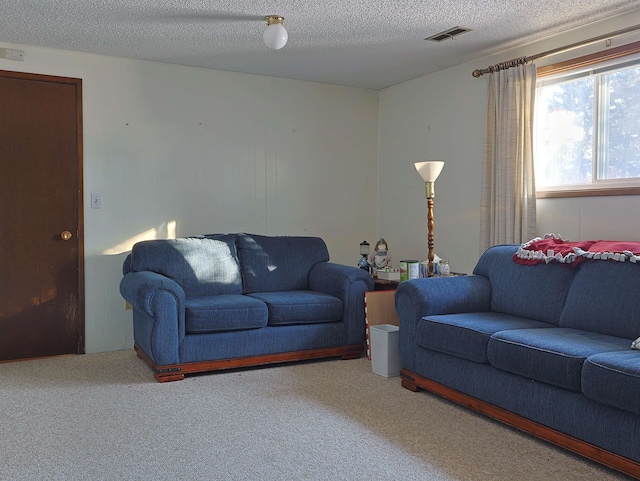 carpeted living room with a textured ceiling