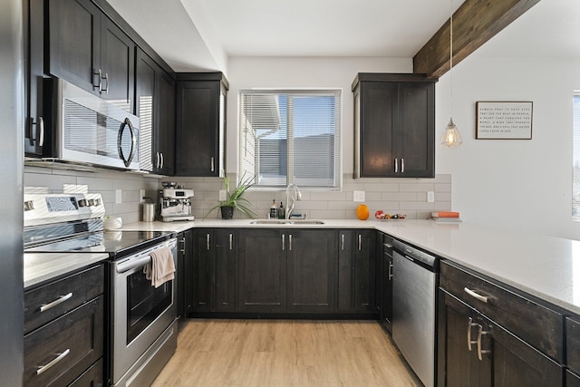 kitchen featuring sink, stainless steel appliances, decorative backsplash, decorative light fixtures, and light wood-type flooring