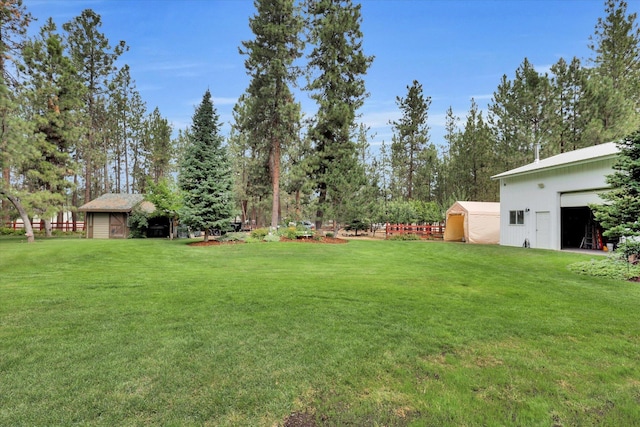 view of yard with a storage shed