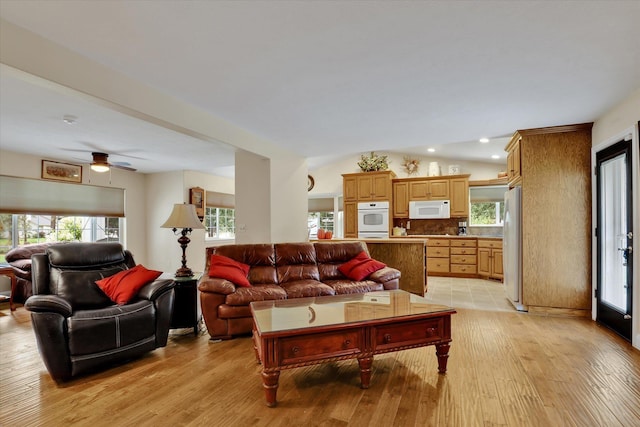 living room featuring vaulted ceiling and light hardwood / wood-style floors