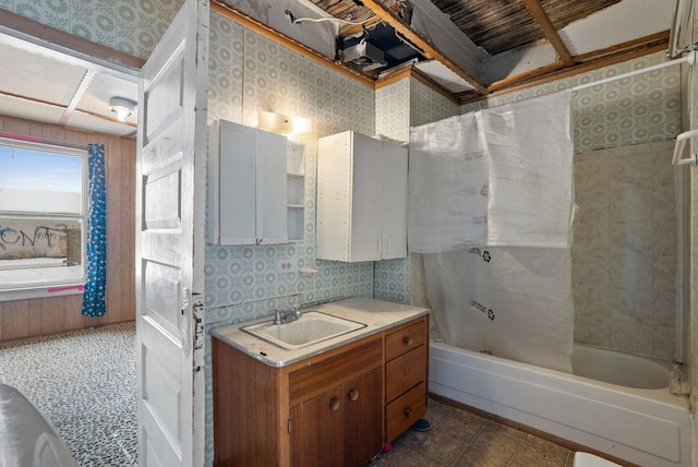 bathroom with vanity, tile patterned flooring, and shower / tub combo