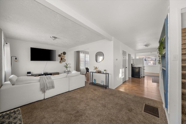 carpeted living room with a textured ceiling